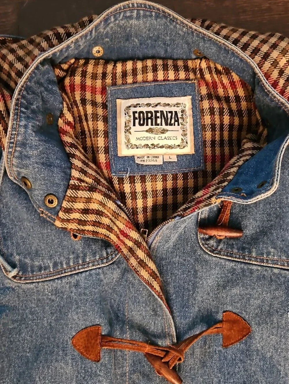 Vintage 90s Denim Duffle Coat Hooded Toggle Jacket Plaid Lined [Forenza]